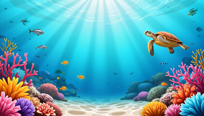 Naklejka premium Vibrant underwater scene featuring sea turtle and coral reefs, ocean beauty