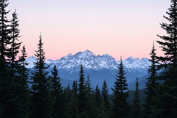 Snow-covered mountains with evergreen trees in the foreground under a pastel-hued sunset sky. A serene and creative nature background. Ai generative