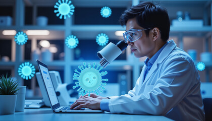 Scientist analyzing microscopic virus structure in a high-tech lab, research innovation