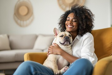 Fototapeta na wymiar Smiling woman hugging her French Bulldog while sitting on a yellow chair in a stylish living room with soft lighting. Concept of pet love and companionship. Ai generative