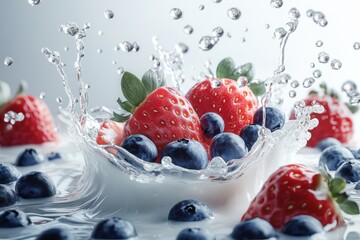 Berry Splash: A vibrant splash of water surrounds a collection of fresh strawberries and blueberries, creating a visual feast of color and texture.