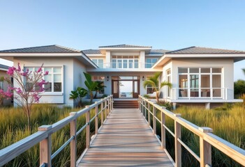 Modern coastal home with boardwalk entryway leading to front door, sand, light