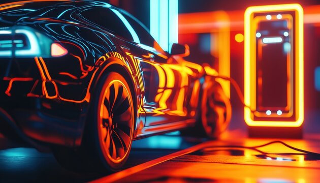 Futuristic Electric Car Closeup At Charging Station With Eco-Friendly Battery Technology. Detailed Focus And Realistic Rendering. Alternative Transportation Concept.
