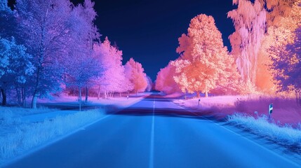 Infrared filtered image of empty country road at night with colorful trees on both sides. Ai generated