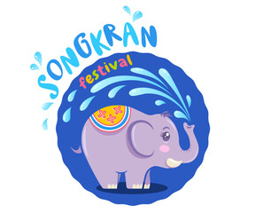 Vector banner for Songkran festival in Thailand with elephant on isolated background in kawaii style. Emblem for Songkran water festival.