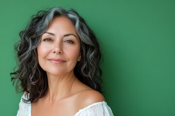 A woman with gray hair is smiling and looking at the camera