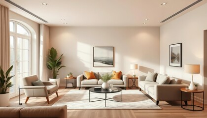 Fototapeta premium Neutral beige contemporary living room with modern furniture and decor, room, current