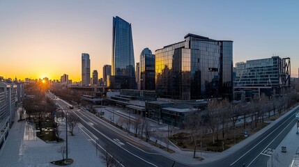 Fototapeta premium City skyline sunrise urban panoramic view business district contemporary architecture quiet streets