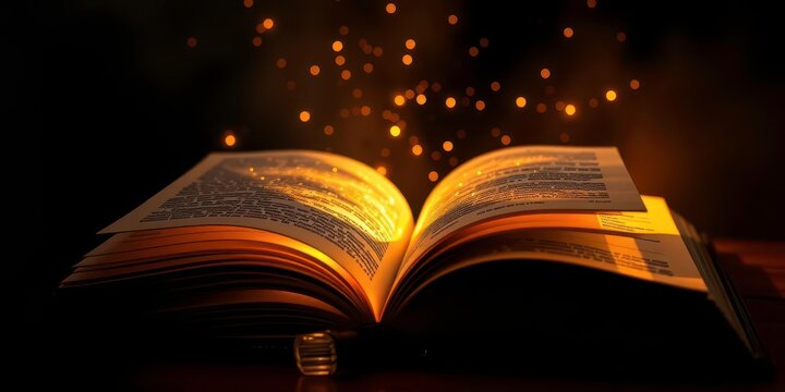 Open book with glowing pages, radiating light, symbolizing knowledge and learning, background, academic