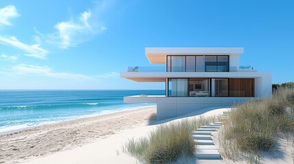 Luxurious house with ocean view, located on a pristine sandy beach with dune vegetation. Ai generated