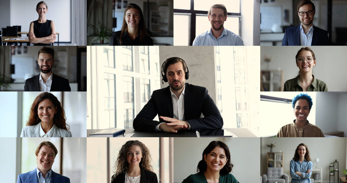 Group of businesspeople take part in briefing led by young businessman wear headset look at camera, make speech, explain project details, planning cooperation, share ideas to colleagues, collage view
