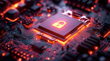 Cybersecurity chip with glowing orange lock symbol, digital defense, futuristic technology, tech security