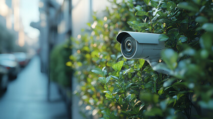 Security camera overlooking lush green foliage, urban surveillance, discreet monitoring, modern security
