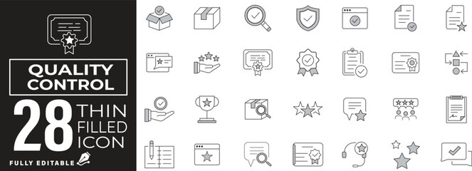 Quality Control Icon set of web and mobile in thin line style. Quality Control, Compliance, and Verification Icons & Symbols Containing, Inspection, Check, Verification, Industry, Assurance and more. 