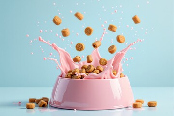 Floating pet kibble splashing in pink liquid from a glossy bowl on a blue background. Creative concept of pet food freshness and nutrition. Ai generative