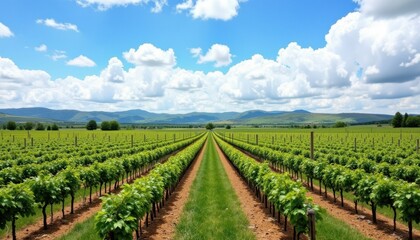 Naklejka premium Lush Vineyard Landscape Under Blue Sky and Fluffy White Clouds