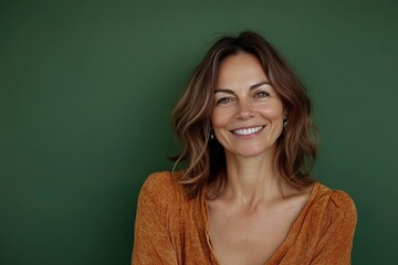 A woman with long brown hair and a bright smile is wearing an orange shirt