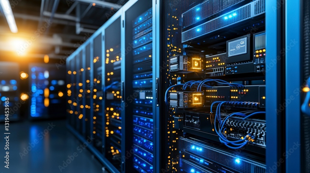 Aufkleber Illuminated server racks in a modern data center a bright digital infrastructure perspective