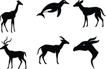 Fototapeta premium Silhouette Animals Vector: Giraffe, Seal, Deer, Antelope, Buck, and Dragon Head Illustration, Wildlife Art, Black and White Graphic Design