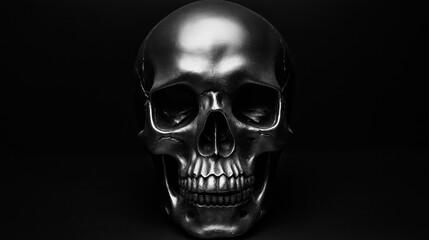 Obraz premium Black and white human skull with lower jaw. Human skull on a black background with white lighting.