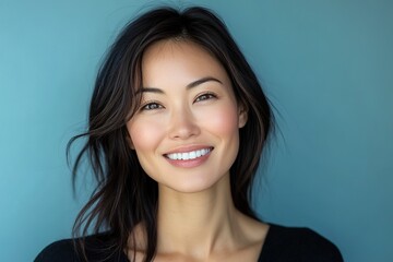 A woman with long black hair and a smile on her face