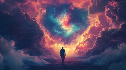 Obraz premium Man walks toward a starry sky, through clouds. Possible use Inspirational art, dreams, spirituality