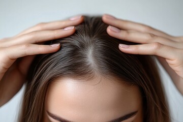 Naklejka premium Close-up of a woman checking her hair parting, revealing potential signs of dandruff or hair thinning