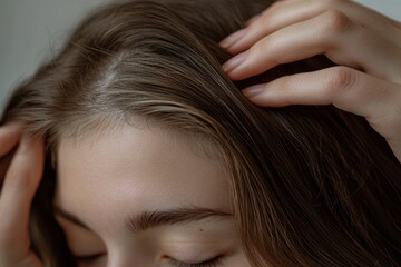 Naklejka premium Close-up of woman gently touching her hair, checking for dandruff or hair loss, highlighting haircare and scalp health
