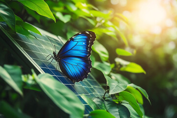 Blue Butterfly Resting on Solar Panels in a Sunlit Eco-Garden