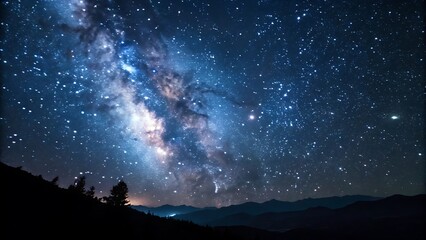 Fototapeta premium Spectacular Milky Way Above Mountain Landscape: Night Sky Photography With Stars and Silhouette Trees.