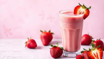 Refreshing pink strawberry smoothie in a glass, foodphotography, creamy
