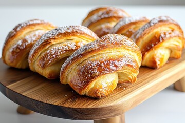Fototapeta premium Deliciously baked pastries displayed on a classic wooden platter captured in ambient light from an angled view highlighting their irresistible features