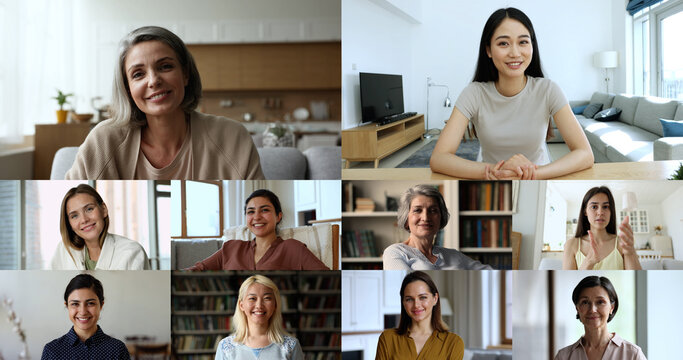 Worldwide communication use teleconference app, social media icon portrait, blogging. Group of smiling pretty different women look at camera, having online talk, enjoy remote chat, faces collage view
