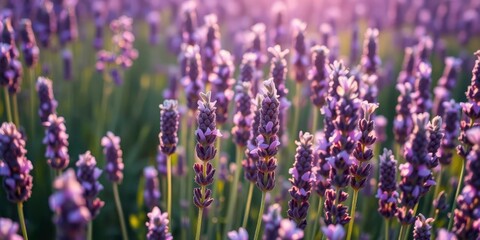 Naklejka premium Rows of purple lavender bloom under soft morning light, dew-kissed petals, countryside, morning light