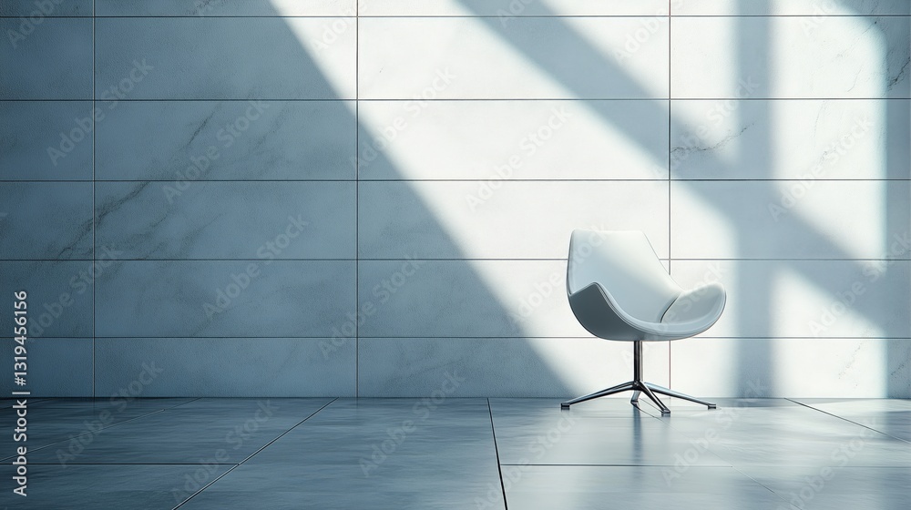 Poster sunlight illuminating modern white chair in empty minimalist room with tiled walls and floor. ai gen