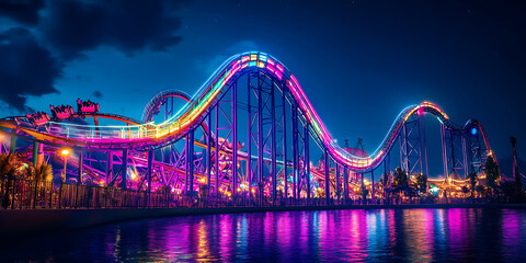 Vibrant Roller Coaster Theme Park Night with Colorful Lights for Amusement Attractions, Entertainment, or Adrenaline Adventures