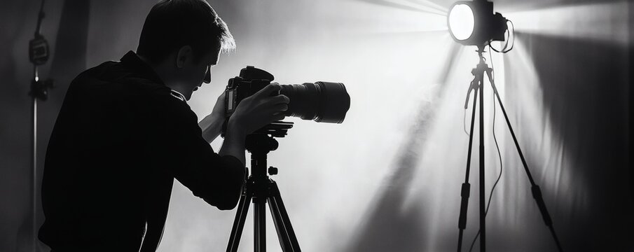 A photographer using a camera setup with lighting and a tripod