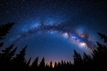 Fototapeta premium Majestic Milky Way galaxy stretching across the night sky above a dense forest silhouette. A breathtaking cosmic background showcasing countless stars. Ai generative