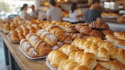 Freshly baked pastries on display at a bakery
