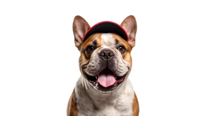 Happy dog wearing red hat isolated on transparent background with cheerful expression and playful demeanor