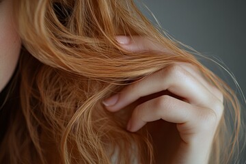 Close-up of a woman touching her beautiful, healthy red hair, highlighting its shine and texture