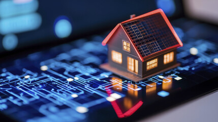 Smart home model on digital interface, symbolizing technology and innovation