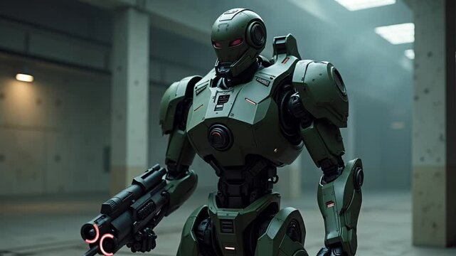 Armed combat robot standing in a futuristic setting, ready for action.
