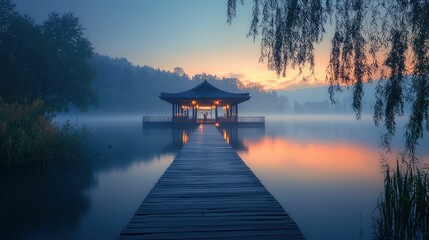Naklejka premium Serene lakeside pavilion sunrise peaceful misty scene