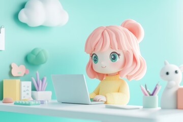 Fototapeta premium Cute anime girl working on laptop at a pastel desk with stationery.