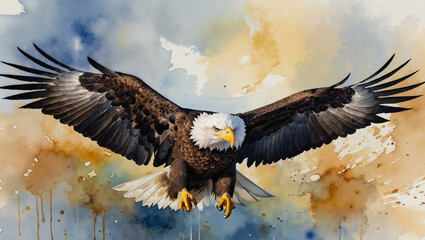 Fototapeta premium Bald eagle in dynamic flight with a vibrant abstract background