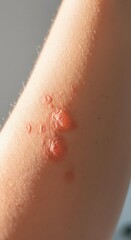 Skin rash on arm with multiple red blisters on caucasian adult male