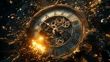 An elegant depiction of a vintage clock bursting apart, its face cracked as gears, screws, and metallic fragments spiral outward in dynamic arcs.
