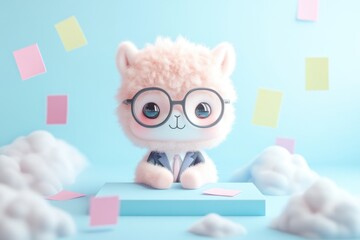 Obraz premium Cute alpaca in glasses and suit sits at a desk surrounded by pastel clouds and sticky notes.