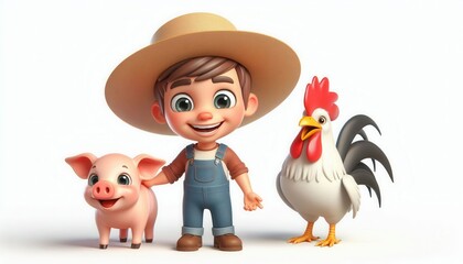 Joyful farmer with pig and chicken in animated scene bright studio kid-friendly illustrations